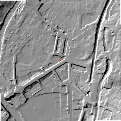 Shaded relief map of the ground around BA24DA, computed from Environment Agency LiDAR. The ground here sits at about 23 m above sea level and falls 43 m across the surrounding 800 m. Surface water reaching this point runs off ground lying to the east, 3.7 m higher.