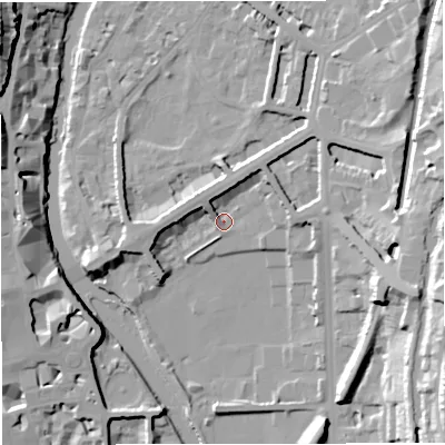 Shaded relief map of the ground around BA24DE, computed from Environment Agency LiDAR. The ground here sits at about 21 m above sea level and falls 30 m across the surrounding 800 m. Surface water reaching this point runs off ground lying to the east-south-east, 19.1 m higher.