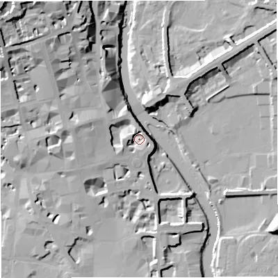 Shaded relief map of the ground around BA24DF, computed from Environment Agency LiDAR. The ground here sits at about 24 m above sea level and falls 33 m across the surrounding 800 m. Surface water reaching this point runs off ground lying to the west, 5.1 m higher.