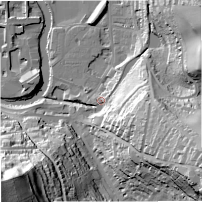 Shaded relief map of the ground around BA24DG, computed from Environment Agency LiDAR. The ground here sits at about 25 m above sea level and falls 102 m across the surrounding 800 m. Surface water reaching this point runs off ground lying to the south-east, 27.4 m higher.