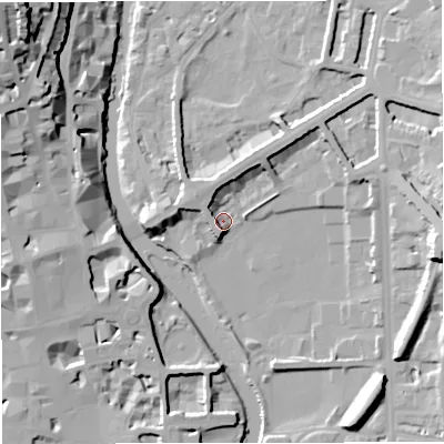 Shaded relief map of the ground around BA24DH, computed from Environment Agency LiDAR. The ground here sits at about 20 m above sea level and falls 39 m across the surrounding 800 m. Surface water reaching this point runs off ground lying to the north-west, 7.5 m higher.