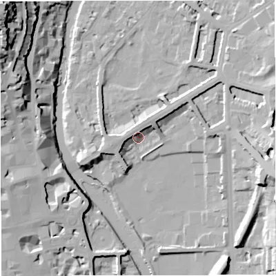 Shaded relief map of the ground around BA24DL, computed from Environment Agency LiDAR. The ground here sits at about 21 m above sea level and falls 42 m across the surrounding 800 m. Surface water reaching this point runs off ground lying to the north-north-west, 6.8 m higher.
