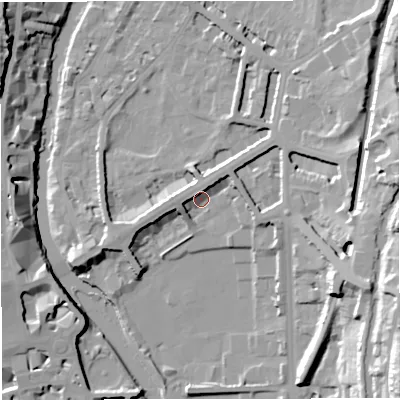 Shaded relief map of the ground around BA24DN, computed from Environment Agency LiDAR. The ground here sits at about 22 m above sea level and falls 33 m across the surrounding 800 m. Surface water reaching this point runs off ground lying to the north-east, 6.0 m higher.