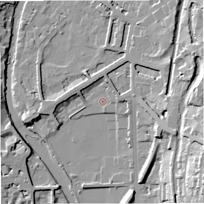 Shaded relief map of the ground around BA24DQ, computed from Environment Agency LiDAR. The ground here sits at about 21 m above sea level and falls 41 m across the surrounding 800 m. Surface water reaching this point runs off ground lying to the east-south-east, 18.3 m higher.