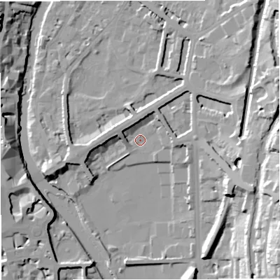 Shaded relief map of the ground around BA24DS, computed from Environment Agency LiDAR. The ground here sits at about 20 m above sea level and falls 35 m across the surrounding 800 m. Surface water reaching this point runs off ground lying to the east-south-east, 19.1 m higher.