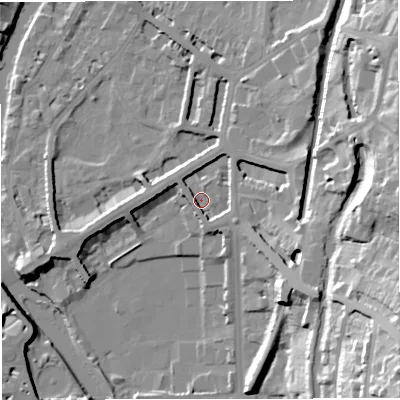 Shaded relief map of the ground around BA24DU, computed from Environment Agency LiDAR. The ground here sits at about 23 m above sea level and falls 47 m across the surrounding 800 m. Surface water reaching this point runs off ground lying to the south-east, 16.8 m higher.