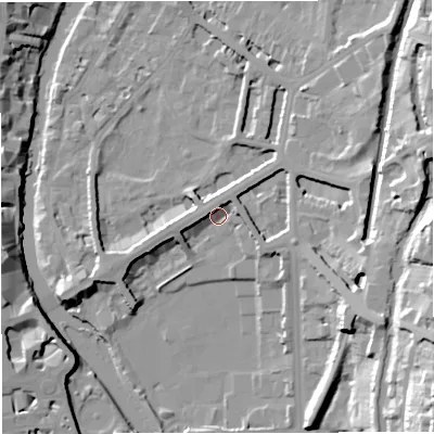 Shaded relief map of the ground around BA24DW, computed from Environment Agency LiDAR. The ground here sits at about 22 m above sea level and falls 38 m across the surrounding 800 m. Surface water reaching this point runs off ground lying to the north-west, 5.0 m higher.