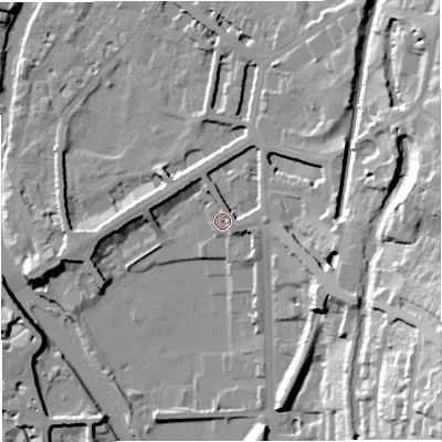 Shaded relief map of the ground around BA24DX, computed from Environment Agency LiDAR. The ground here sits at about 22 m above sea level and falls 46 m across the surrounding 800 m. Surface water reaching this point runs off ground lying to the east-south-east, 17.4 m higher.