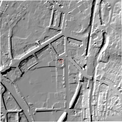 Shaded relief map of the ground around BA24DZ, computed from Environment Agency LiDAR. The ground here sits at about 23 m above sea level and falls 52 m across the surrounding 800 m. Surface water reaching this point runs off ground lying to the east-north-east, 4.8 m higher.