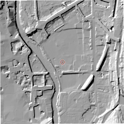 Shaded relief map of the ground around BA24ET, computed from Environment Agency LiDAR. The ground here sits at about 18 m above sea level and falls 26 m across the surrounding 800 m. Surface water reaching this point runs off ground lying to the south-west, 2.0 m higher.