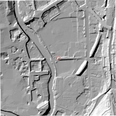 Shaded relief map of the ground around BA24EU, computed from Environment Agency LiDAR. The ground here sits at about 21 m above sea level and falls 38 m across the surrounding 800 m. Surface water reaching this point runs off ground lying to the north-north-east, 9.9 m higher.