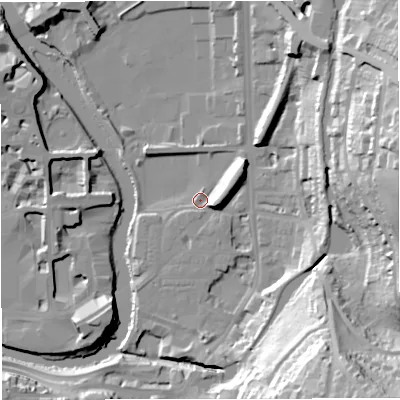 Shaded relief map of the ground around BA24EX, computed from Environment Agency LiDAR. The ground here sits at about 19 m above sea level and falls 49 m across the surrounding 800 m. Surface water reaching this point runs off ground lying to the south-east, 46.7 m higher.