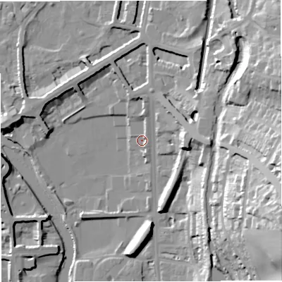 Shaded relief map of the ground around BA24EZ, computed from Environment Agency LiDAR. The ground here sits at about 20 m above sea level and falls 53 m across the surrounding 800 m. Surface water reaching this point runs off ground lying to the north-east, 2.5 m higher.