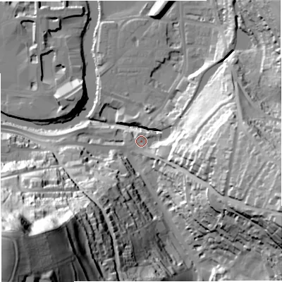 Shaded relief map of the ground around BA24FA, computed from Environment Agency LiDAR. The ground here sits at about 24 m above sea level and falls 111 m across the surrounding 800 m. Surface water reaching this point runs off ground lying to the east-south-east, 32.5 m higher.