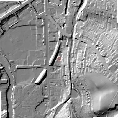 Shaded relief map of the ground around BA24GZ, computed from Environment Agency LiDAR. The ground here sits at about 22 m above sea level and falls 65 m across the surrounding 800 m. Surface water reaching this point runs off ground lying to the north-north-east, 16.7 m higher.