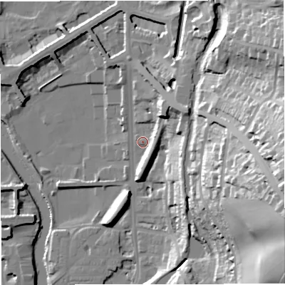 Shaded relief map of the ground around BA24HA, computed from Environment Agency LiDAR. The ground here sits at about 22 m above sea level and falls 61 m across the surrounding 800 m. Surface water reaching this point runs off ground lying to the north-east, 16.5 m higher.