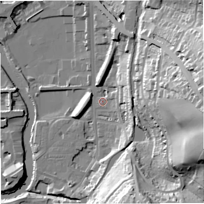 Shaded relief map of the ground around BA24HD, computed from Environment Agency LiDAR. The ground here sits at about 21 m above sea level and falls 61 m across the surrounding 800 m. Surface water reaching this point runs off ground lying to the east, 16.0 m higher.