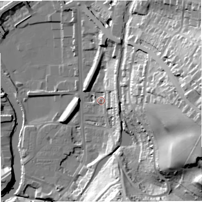 Shaded relief map of the ground around BA24HE, computed from Environment Agency LiDAR. The ground here sits at about 23 m above sea level and falls 65 m across the surrounding 800 m. Surface water reaching this point runs off ground lying to the east, 15.0 m higher.