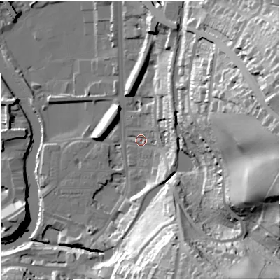 Shaded relief map of the ground around BA24HG, computed from Environment Agency LiDAR. The ground here sits at about 21 m above sea level and falls 62 m across the surrounding 800 m. Surface water reaching this point runs off ground lying to the east-north-east, 14.6 m higher.