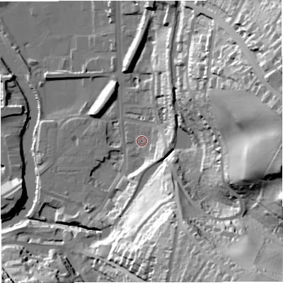 Shaded relief map of the ground around BA24HH, computed from Environment Agency LiDAR. The ground here sits at about 21 m above sea level and falls 63 m across the surrounding 800 m. Surface water reaching this point runs off ground lying to the east, 10.5 m higher.