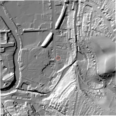 Shaded relief map of the ground around BA24HJ, computed from Environment Agency LiDAR. The ground here sits at about 21 m above sea level and falls 61 m across the surrounding 800 m. Surface water reaching this point runs off ground lying to the south-east, 58.5 m higher.