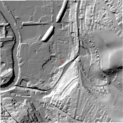 Shaded relief map of the ground around BA24HL, computed from Environment Agency LiDAR. The ground here sits at about 21 m above sea level and falls 72 m across the surrounding 800 m. Surface water reaching this point runs off ground lying to the south-east, 66.6 m higher.