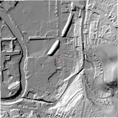 Shaded relief map of the ground around BA24HN, computed from Environment Agency LiDAR. The ground here sits at about 20 m above sea level and falls 56 m across the surrounding 800 m. Surface water reaching this point runs off ground lying to the east-north-east, 53.2 m higher.