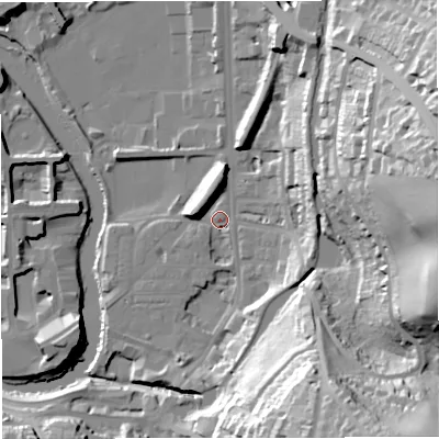 Shaded relief map of the ground around BA24HP, computed from Environment Agency LiDAR. The ground here sits at about 21 m above sea level and falls 55 m across the surrounding 800 m. Surface water reaching this point runs off ground lying to the east, 52.0 m higher.