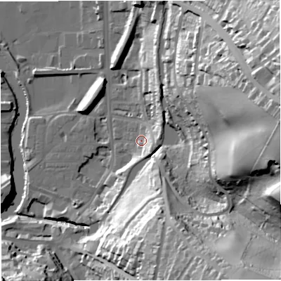 Shaded relief map of the ground around BA24HQ, computed from Environment Agency LiDAR. The ground here sits at about 23 m above sea level and falls 66 m across the surrounding 800 m. Surface water reaching this point runs off ground lying to the east-north-east, 9.3 m higher.