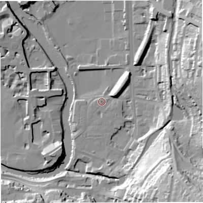 Shaded relief map of the ground around BA24HR, computed from Environment Agency LiDAR. The ground here sits at about 21 m above sea level and falls 53 m across the surrounding 800 m. Surface water reaching this point runs off ground lying to the south-east, 1.6 m higher.