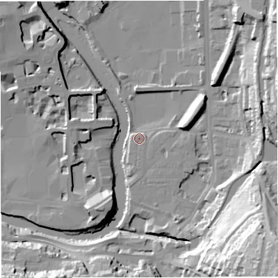 Shaded relief map of the ground around BA24HS, computed from Environment Agency LiDAR. The ground here sits at about 20 m above sea level and falls 49 m across the surrounding 800 m. Surface water reaching this point runs off ground lying to the south-east, 46.6 m higher.