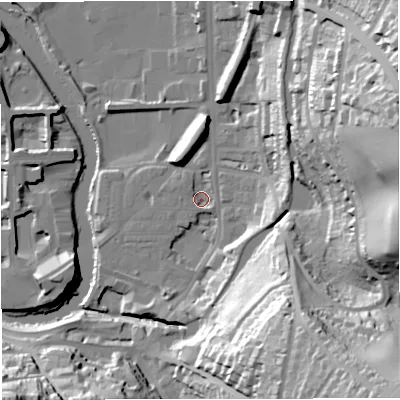 Shaded relief map of the ground around BA24HU, computed from Environment Agency LiDAR. The ground here sits at about 19 m above sea level and falls 61 m across the surrounding 800 m. Surface water reaching this point runs off ground lying to the south-east, 57.1 m higher.