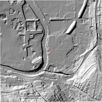 Shaded relief map of the ground around BA24HX, computed from Environment Agency LiDAR. The ground here sits at about 21 m above sea level and falls 57 m across the surrounding 800 m. Surface water reaching this point runs off ground lying to the south-east, 1.1 m higher.