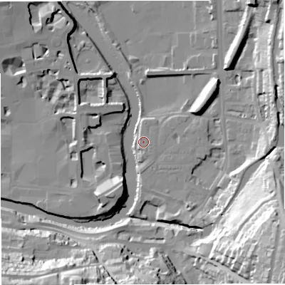 Shaded relief map of the ground around BA24HY, computed from Environment Agency LiDAR. The ground here sits at about 20 m above sea level and falls 48 m across the surrounding 800 m. Surface water reaching this point runs off ground lying to the south-south-west, 11.8 m higher.