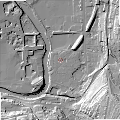 Shaded relief map of the ground around BA24HZ, computed from Environment Agency LiDAR. The ground here sits at about 21 m above sea level and falls 52 m across the surrounding 800 m. Surface water reaching this point runs off ground lying to the south-south-east, 1.1 m higher.