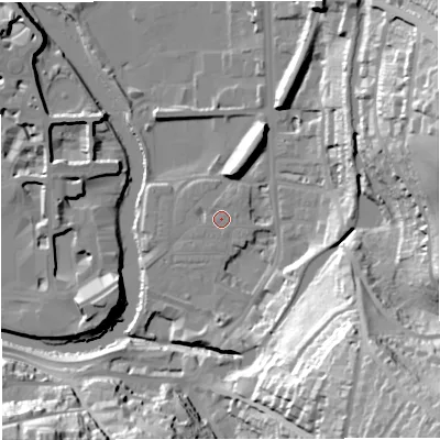 Shaded relief map of the ground around BA24JA, computed from Environment Agency LiDAR. The ground here sits at about 21 m above sea level and falls 58 m across the surrounding 800 m. Surface water reaching this point runs off ground lying to the north-north-east, 0.8 m higher.