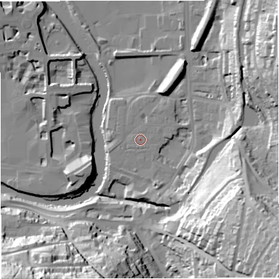 Shaded relief map of the ground around BA24JB, computed from Environment Agency LiDAR. The ground here sits at about 21 m above sea level and falls 56 m across the surrounding 800 m. Surface water reaching this point runs off ground lying to the east-north-east, 0.7 m higher.