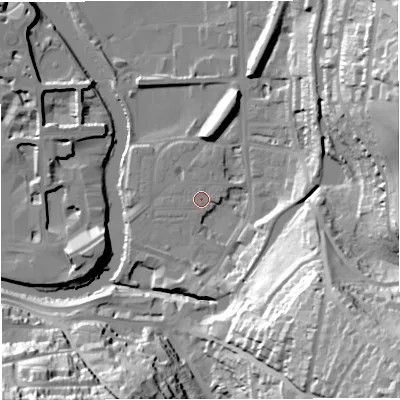 Shaded relief map of the ground around BA24JD, computed from Environment Agency LiDAR. The ground here sits at about 21 m above sea level and falls 60 m across the surrounding 800 m. The ground contributing surface water to this point lies to the north.