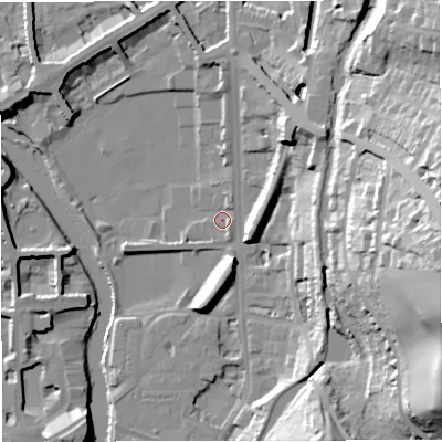 Shaded relief map of the ground around BA24JE, computed from Environment Agency LiDAR. The ground here sits at about 20 m above sea level and falls 53 m across the surrounding 800 m. Surface water reaching this point runs off ground lying to the south-east, 2.0 m higher.