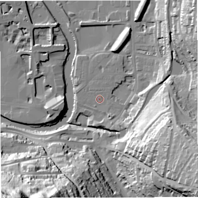Shaded relief map of the ground around BA24JG, computed from Environment Agency LiDAR. The ground here sits at about 21 m above sea level and falls 94 m across the surrounding 800 m. Surface water reaching this point runs off ground lying to the south-south-east, 0.8 m higher.