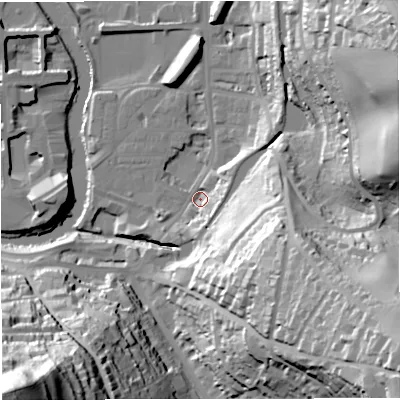 Shaded relief map of the ground around BA24JH, computed from Environment Agency LiDAR. The ground here sits at about 20 m above sea level and falls 94 m across the surrounding 800 m. Surface water reaching this point runs off ground lying to the east-north-east, 8.0 m higher.