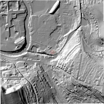 Shaded relief map of the ground around BA24JJ, computed from Environment Agency LiDAR. The ground here sits at about 24 m above sea level and falls 107 m across the surrounding 800 m. Surface water reaching this point runs off ground lying to the east-south-east, 3.5 m higher.