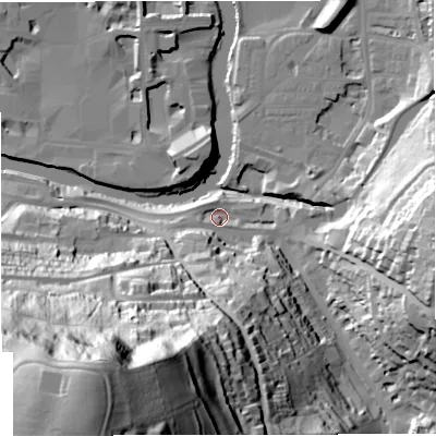 Shaded relief map of the ground around BA24JP, computed from Environment Agency LiDAR. The ground here sits at about 22 m above sea level and falls 112 m across the surrounding 800 m. Surface water reaching this point runs off ground lying to the south-west, 106.5 m higher.