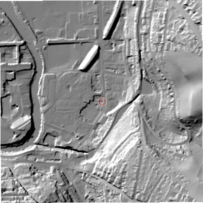 Shaded relief map of the ground around BA24JQ, computed from Environment Agency LiDAR. The ground here sits at about 19 m above sea level and falls 68 m across the surrounding 800 m. Surface water reaching this point runs off ground lying to the south-east, 64.8 m higher.