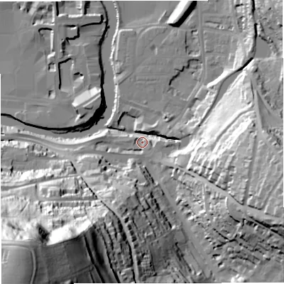 Shaded relief map of the ground around BA24JR, computed from Environment Agency LiDAR. The ground here sits at about 22 m above sea level and falls 111 m across the surrounding 800 m. Surface water reaching this point runs off ground lying to the south-west, 106.5 m higher.