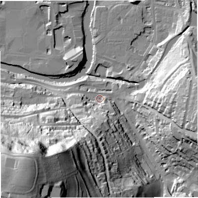 Shaded relief map of the ground around BA24JT, computed from Environment Agency LiDAR. The ground here sits at about 23 m above sea level and falls 111 m across the surrounding 800 m. Surface water reaching this point runs off ground lying to the south-west, 104.5 m higher.