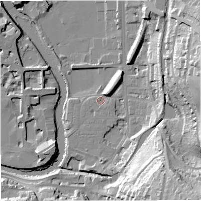 Shaded relief map of the ground around BA24JW, computed from Environment Agency LiDAR. The ground here sits at about 20 m above sea level and falls 54 m across the surrounding 800 m. Surface water reaching this point runs off ground lying to the south-east, 50.9 m higher.