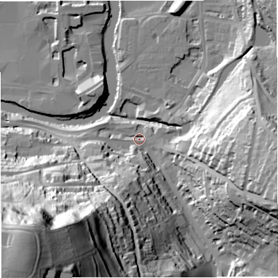 Shaded relief map of the ground around BA24LA, computed from Environment Agency LiDAR. The ground here sits at about 21 m above sea level and falls 111 m across the surrounding 800 m. Surface water reaching this point runs off ground lying to the south-west, 106.5 m higher.