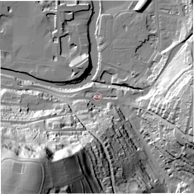 Shaded relief map of the ground around BA24LD, computed from Environment Agency LiDAR. The ground here sits at about 22 m above sea level and falls 111 m across the surrounding 800 m. Surface water reaching this point runs off ground lying to the south-west, 106.5 m higher.