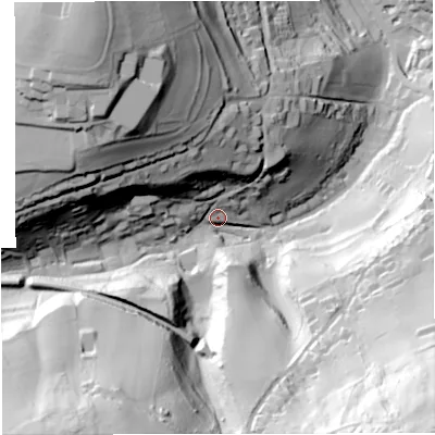 Shaded relief map of the ground around BA24LT, computed from Environment Agency LiDAR. The ground here sits at about 51 m above sea level and falls 113 m across the surrounding 800 m. Surface water reaching this point runs off ground lying to the north-west, 80.8 m higher.